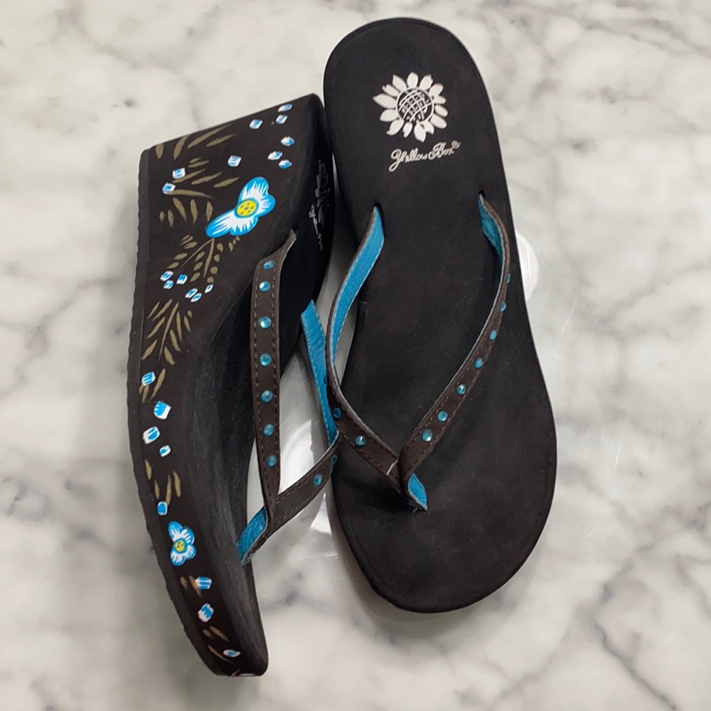 Yellow Box Turquoise & Brown Wedge Sandals Sz 7.5